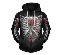 Mens Hoodies Sweatshirts 3D Skull Skeleton Printed Trendy Pullover Long Sleeve Hooded Zip-Up Sweatshirt Jacket Fashion Loose Casual Raglan Sweat Red