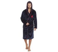 Mens Horse Embroidered Hooded Super Soft Bath Robe Dressing Gown with Pockets Navy L