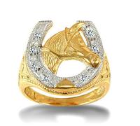 Mens Horseshoe Ring, Yellow Gold, 9ct Gold, Cubic Zirconia, 16mm (X)