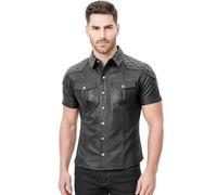 Men's HOT Real Sheep Leather Police Uniform Bluff Gay Quilted Style Shirt (UK, Alpha, M, Regular, Regular, Black)