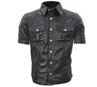 Men's HOT Real Sheep Leather Police Uniform Bluff Gay Quilted Style Shirt (UK, Alpha, XXL, Regular, Regular, Black)