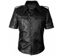 Men's HOT Real Sheep Leather Police Uniform Bluff Gay Shirt (Real Leather, 4XL) Black