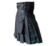 Men's Hybrid Leather Straps, Black Cotton with Black-watch Tartan Utility Kilt (Size: 44)