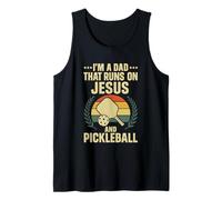 Mens I’m a Dad That Runs on Jesus and Pickleball Retro Christian Tank Top