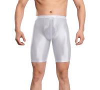 Men's Ice Silk Shorts Oil Shiny Glossy Bugle Pouch See Through Sheer Shiny Sports Short Nightclub Stage Seamless Smooth Seamless Compression Pants White L