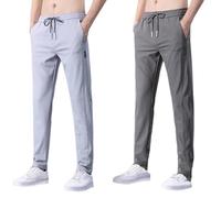 Mens Ice Silk Sweatpants, Pack of 2 Lightweight Summer Trousers Loose Fit Jogging Trouser with Drawstring Stretchy Casual Sweatpants Solid Colour Straight Slim Tracksuit Bottom Coffee