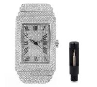 Men's Iced Diamond Watch with Stunning Crystals,Bling-ed Dial with Roman Hour Indicators,Rectangle Case,Fully Adjustable Metal Band,14k Gold Tone & Silver Tone Finish, SILVER, mens-standard, Casual