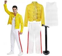 Men's Iconic 80's Rock Legend Costume - Buckle Jacket, White Vest, Striped Trousers + Inflatable Microphone - 4-Piece Outfit for 1980's Themed Party, Halloween & Parties - Adults Fancy Dress Costume