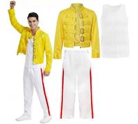 Men's Iconic 80's Rock Legend Costume - Yellow Buckle Jacket, White Vest & Striped Trousers - 3-Piece Outfit for 1980's Themed Party, Halloween & Parties - Adults Fancy Dress Costume