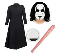 Men's Iconic Wrestler Costume Set with Long Duster Coat, Wig, Black & White Face Paint & Inflatable Bat u2013 Retro Fancy Dress Outfit for Wrestling, 90s Parties and Comic Con - ST/XL Sizes