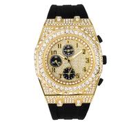 Men's ICY Diamond Watch with Honeycomb Dial and 3 Chronograph Display,Double Pave Crystal Bezel with Silicone Band,Quartz Movement,14k Gold Tone, Silver Tone, GOLD-BLACK, mens-standard