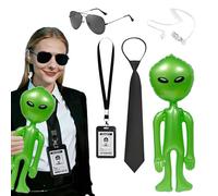 Men's In Black Costume Accessory Set, Agent Carnival Costume Accessories, Secret Service Spy Costume Bodyguard, Inflatable with Green Alien, Sunglasses, Tie, Card Holder, Headphones Tube, Adult