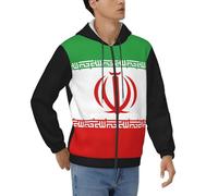 Mens Iran National Flag Print Jacket Full Zip Hooded Sweatshirt Coat Stretch Cuffs Windproof Warm Casual All Season Comfort Soft Polyester Kangaroo Pocket Durable