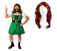 Mens Irish Dress Costume - Green Dress with Gold Shamrock Print and Long Red Wig - Adults Funny Lady Leprechaun Stag Night Bachelor Party St Patricks Day Costume