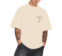 Mens Irregular Gym Shirt, Muscle Fit Sports Tshirt, Quick Dry Running Top, Breathable Active Wear Tee Streetwear Top Grunge Clothing (Beige, L