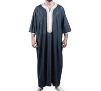 Mens Islamic Thobe Jubba Kaftan, Long Sleeve Embroidered Robe Loose Fit Abaya Gown, Traditional Arabic Muslim Clothing for Prayer, Ramadan, Eid and Casual Wear