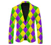 Men's Jacket Colourful Diamond Pattern Carnival Costume Jacket Harlequin Clown Blazer Slim Fit Printed Leisure Suit Jacket Festive Party Outfit for Fancy Dress Halloween Theme Party, #007, L