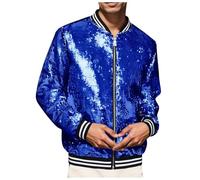 Men's Jacket Fitted Shiny Long Sleeve Zipper And Sequins Hooded Metallic Bomber Jacket Party Coat Costume Carnival Disco Bars 70s, Blue, XL