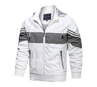 Mens Jackets Winter Mens Jackets Smart Casual Men's Jackets Winter Jackets for Men Jackets Men's Drawstring Zip Contrasting Jacket Pocket Hooded Autumn Winter Jacket Blouse Chore Jacket White