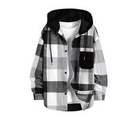 Men's Jackets with Hood Long Sleeve Button Down Shacket Relaxed Fit Hooded Shirt Jacket Casual Plaid Shirts Patchwork Checked Shirt Spring Autumn Outwear for Youth Teen