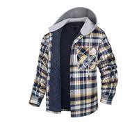 Men's Jackets with Hood Winter Quilted Lined Shacket Long Sleeve Full Zip Shirt Jacket Loose Fit Thicken Checked Shirt Hooded Lumberjack Shirt Warm Tops for Men Tall