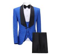 Men's Jacquard 3-Piece Suit with Brooch Casual One-Button Tuxedo Slim Pants Vest Set (Blue,M)
