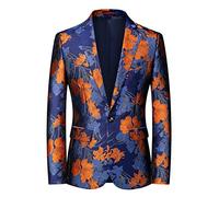 Men's Jacquard Flower Flat Collar Blazer Stylish Casual Slim Fit Suit Jacket, Yellow, Medium