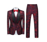 Men's Jacquard Suit 3 Piece Fashion Slim Fit Blazer Jacket Trousers Vest Slim Business Suit Spring and Autumn Men Sets 803 Red Wine M