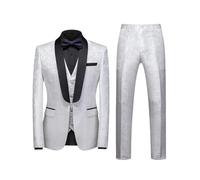 Men's Jacquard Suit 3 Piece Fashion Slim Fit Blazer Jacket Trousers Vest Slim Business Suit Spring and Autumn Men Sets 701 White Black M