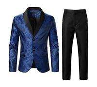 Men's Jacquard Tuxedo Suit, Luxury Shawl Collar Blazer Set, Floral Embossed Dinner Jacket, Men's Formal Prom Suit, Tailored Wedding Outfit for Men, Two-Piece Evening Dress Suit Blue