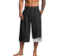 Men's Japanese 3/4 Length Kimono Linen Pants - Lightweight Breathable Shorts for Summer, Beach and Outdoor Activities, Casual Asian Style Wear