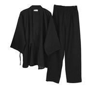 Men's Japanese Kimono Cotton Hanfu Ancient Pajamas Suit Plus Size Zen Clothing Taoist Clothing (Size XL, Black)