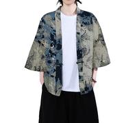 Men's Japanese Kimono Jacket Cotton Kimono Cardigan Print Linen Yukata Coat, Blue, L