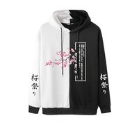 Men's Japanese Print Flower Graphic Hoodies, Casual Trendy Patchwork Colorblock Long Sleeve Sweatshirts Outdoor Comfy Streetwear Pullover Big & Tall Tops (White, XXXXXL)