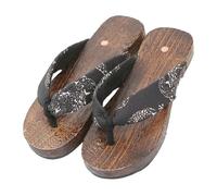 Men's Japanese Style Flat Bottomed Wooden Clogs, Made of Printed Fabric, with EVA Wood Grid Pattern Insoles Thick Soles for Anti Slip Wooden Clogs flip Flops(Size:EU 44,Color:Black A)