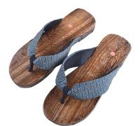 Men's Japanese Style Flat Bottomed Wooden Clogs, Made of Printed Fabric, with EVA Wood Grid Pattern Insoles Thick Soles for Anti Slip Wooden Clogs flip Flops(Size:EU 44,Color:Blue)