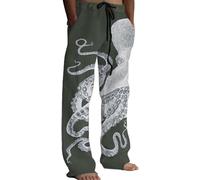 Men's Japanese Style Printed Lounge Pants - Octopus Graphic Straight Leg Drawsting Elastic Waist Casual Pants Traditional Sashiko Art Linen Blend Trousers (M,Green)