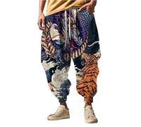 Men's Japanese Style Trousers, Harem Trousers Pattern Fun Print Trouser Casual Hippie Harem Joggers Trouser Hip Hop Drop Crotch Cuffed Pants Streetwear Wide Leg Breathable Jogging Bottom Grey
