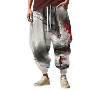 Men's Japanese Style Trousers, Harem Trousers Pattern Fun Print Trouser Casual Hippie Harem Joggers Trouser Hip Hop Drop Crotch Cuffed Pants Streetwear Wide Leg Breathable Jogging Bottom White