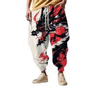 Men's Japanese Style Trousers, Harem Trousers Pattern Fun Print Trouser Casual Hippie Harem Joggers Trouser Hip Hop Drop Crotch Cuffed Pants Streetwear Wide Leg Breathable Jogging Bottom Black