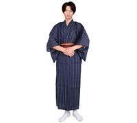 Men's Japanese Traditional Kimono Robe Long Sleeve Spa House Bathrobe Easy Wearing Yukata Sleepwear Nightgown Unisex with Obi Belt Set (24# Navy, One Size)