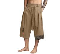 Men's Japanese Traditonal Cropped Trousers Baggy Relaxed-Fit Wide Leg Palazzo Beach Pants Kimono Linen Capri Pants Harem Trousers