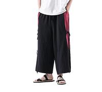 Men's Japanese Wide Leg Pants Cotton Linen Trousers Korean Colorblock Straight Leg Pants