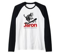 Mens JARON - Cute Boy Name with cool with cool Cat & Skateboard Raglan Baseball Tee