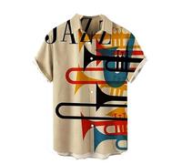 Men's Jazz Musical Instrument Print Shirt Casual Loose Beach Style Shirt Fashion 3D Retro Music Series Instrument Printed T Shirt for Teenagers Brown
