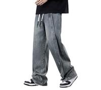 Mens Jeans 34 Waist 32 Leg - Spring and Fall Casual Retro Wide Leg Micro Stretch Drawstring Design Sense of Jeans (Grey, L)