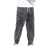 Mens Jeans Baggy Cargo Jeans for Men UK Elastic Waist Tapered Fit Work Jean Adjustable Drawstring Jogger Bottoms Heavy Duty Cuffed Denim Trousers Spring and Autumn Clothes