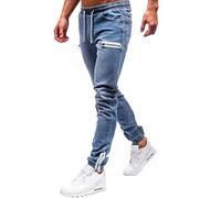 Mens Jeans for Men UK,Stretch Slim Fit Straight Leg Jean Men's Low Waist Elastic Waisted Denim Trousers Drawstring Work Joggers with Side Zip Light Blue M