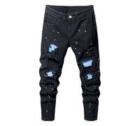Mens Jeans Slim Fit Mens Straight Leg Jeans Distressed Jean Men Black Ripped Jean for Men Trendy Street Style
