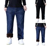Mens Jeans Warm Fleece Winter Lined Denim Pants Straight Leg Denim Jeans Stylish & Classic Plain Fashion Trousers for Men Casual Retro Wide Leg Comfortable Hard Wearing Jean Trousers